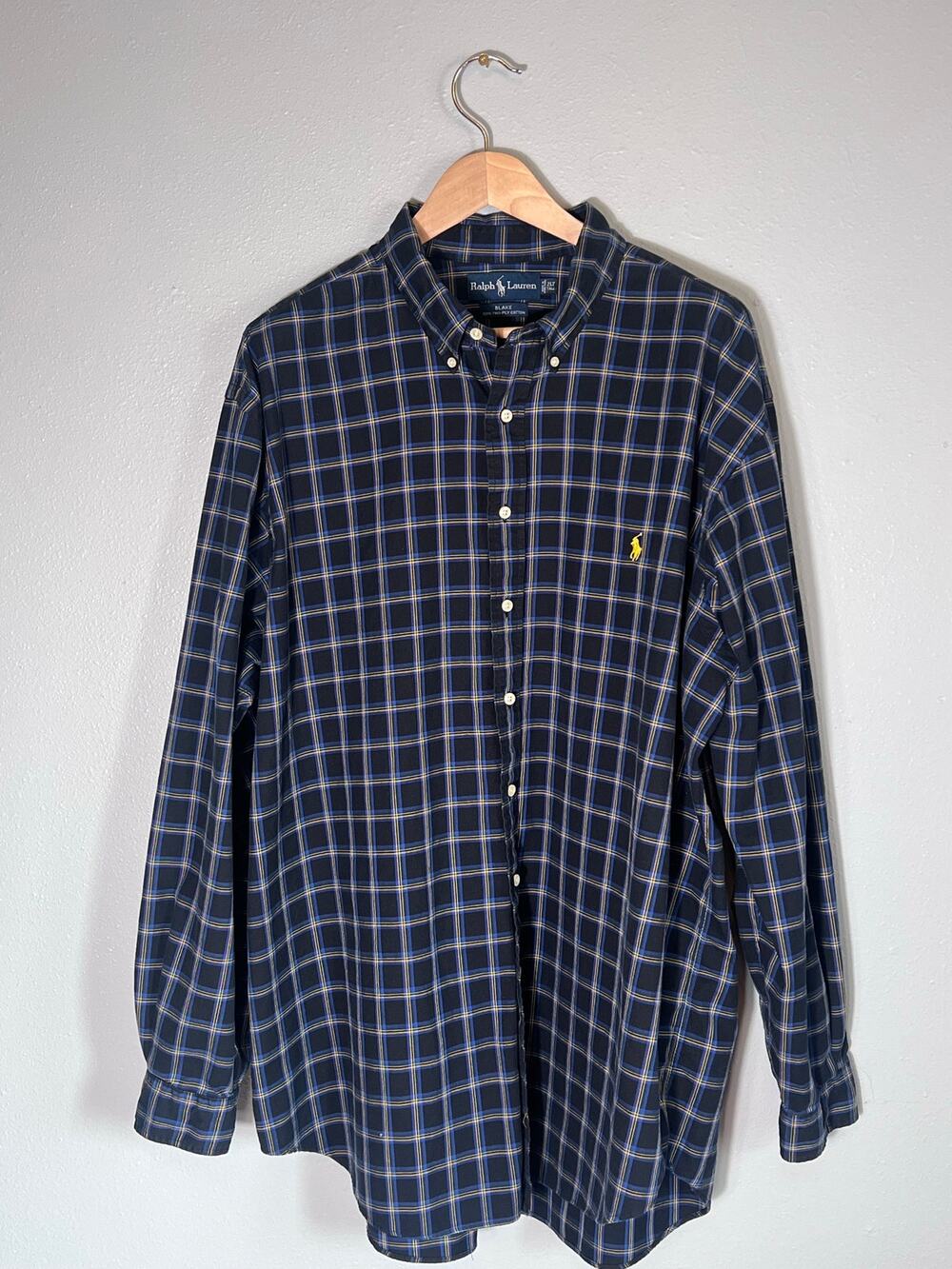 Ralph Lauren Blue Label Yellow Pony XXL Tall 2XL Long Sleeve Plaid Navy Mens